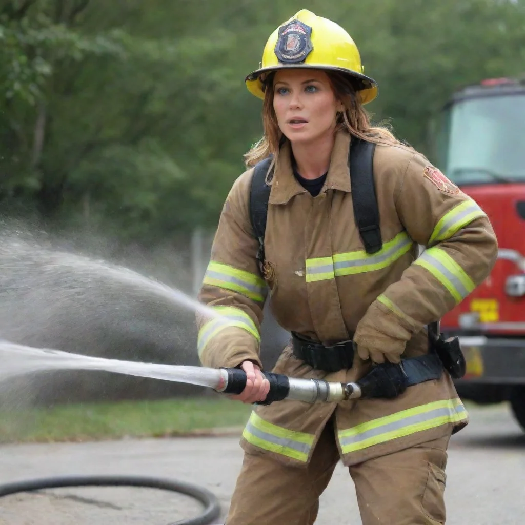 firefighter babe spreads water with heavy hose