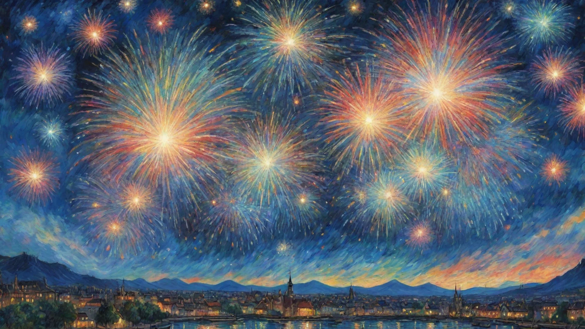 fireworks in sky epic lovely artistic ghibli van gogh happyness bliss peace  detailed asthetic wide