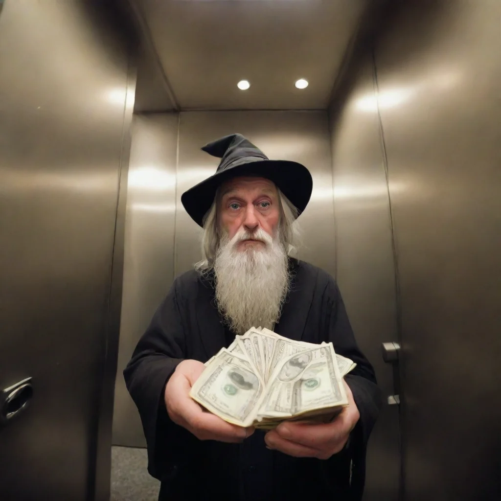 aifisheye wizard in an elevator giving money