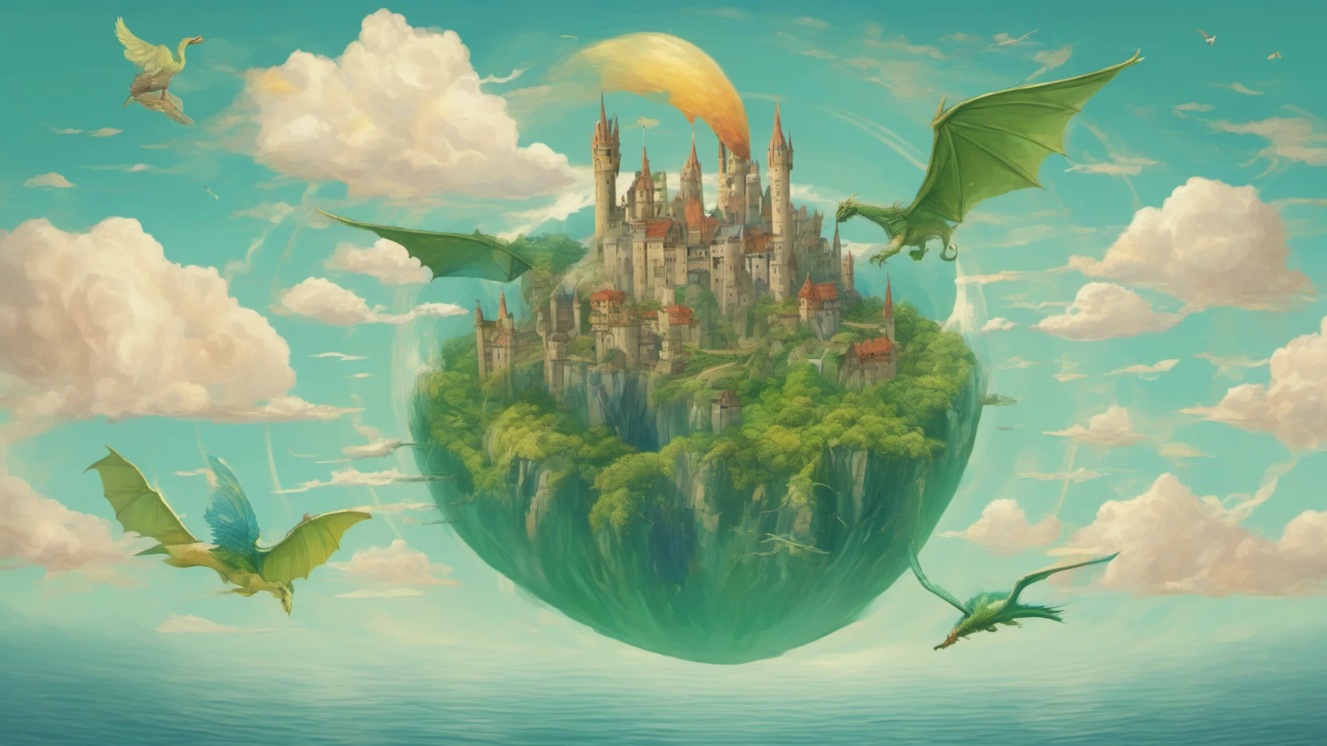 aifloating castle in sky dragon bird flying large ocean%2C earthlike green blue circle planet rising  amazing awesome portrait 2 wide