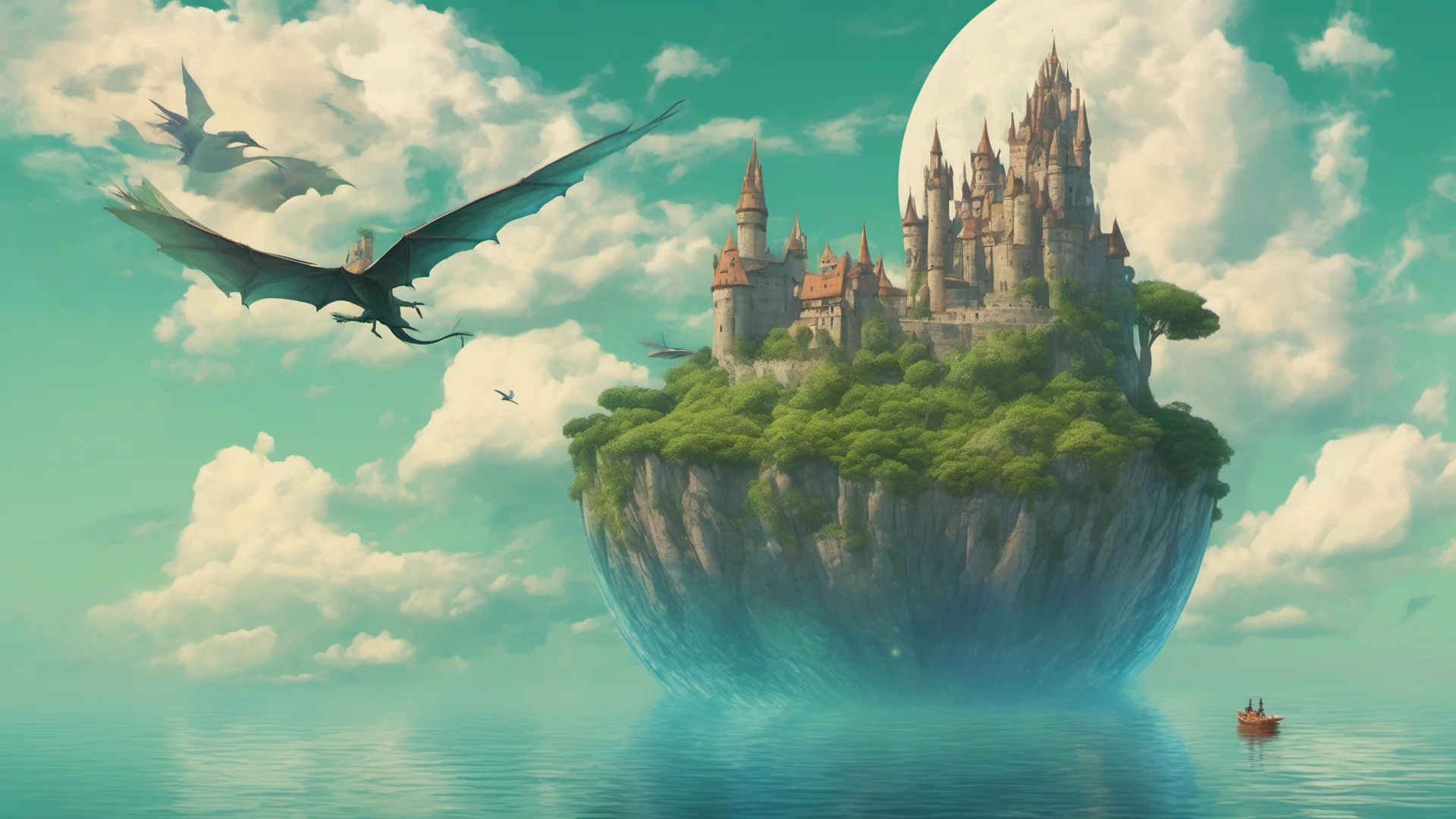 aifloating castle in sky dragon bird flying large ocean%2C earthlike green blue circle planet rising  confident engaging wow artstation art 3 wide