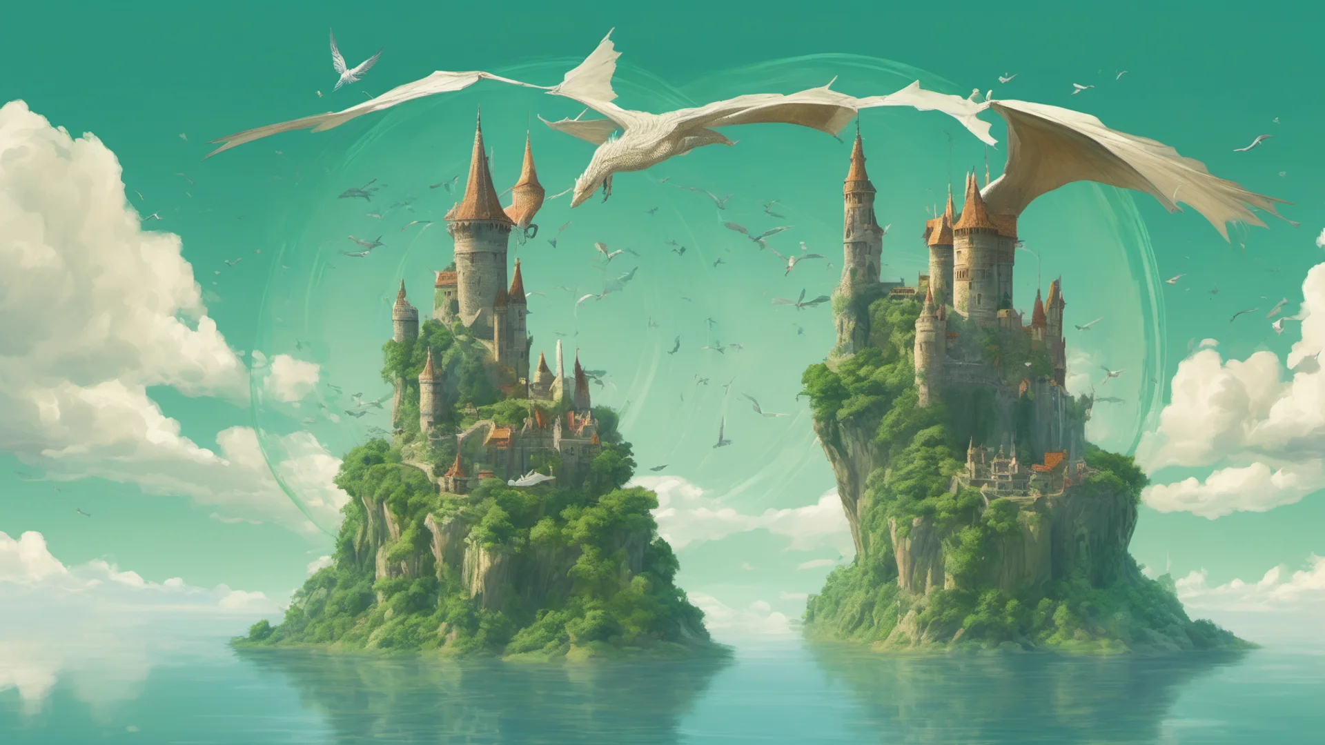 floating castle in sky dragon bird flying large ocean%2C earthlike green blue circle planet rising  good looking trending fantastic 1 wide