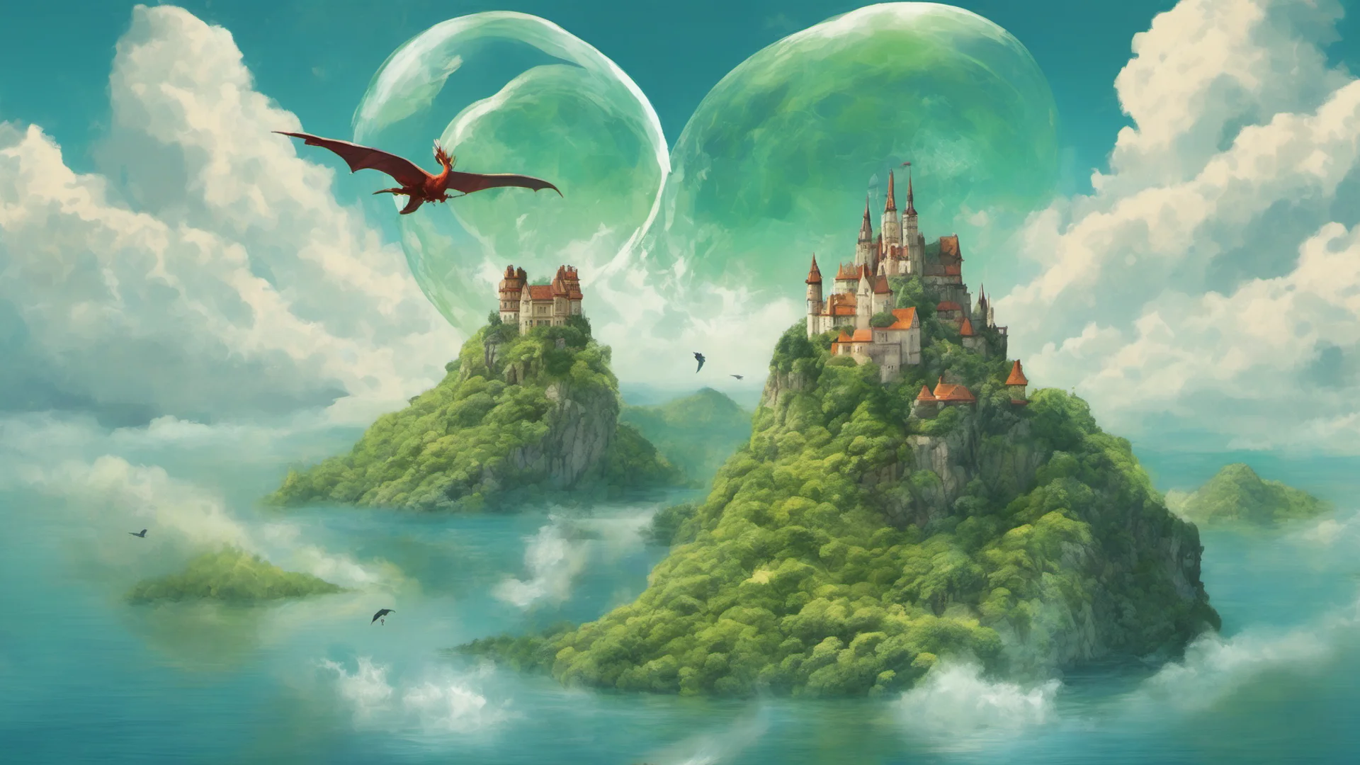 aifloating castle in sky dragon bird flying large ocean%2C earthlike green blue circle planet rising  wide