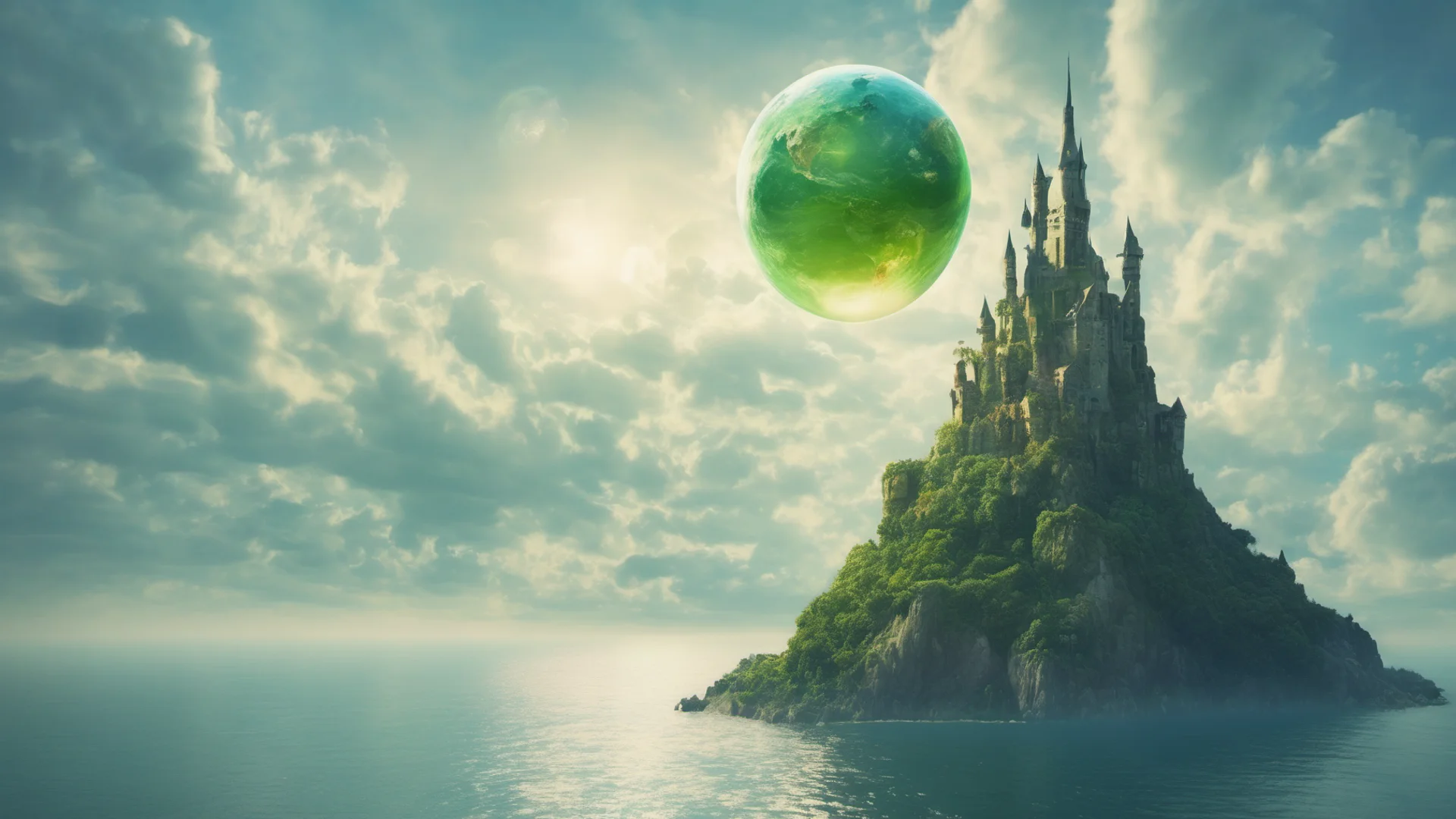 floating castle in sky one creature flying large ocean%2C earthlike green blue circle planet rising in sky%2C amazing cinematic realistic fantasy confident engaging wow artstation art 3 wide