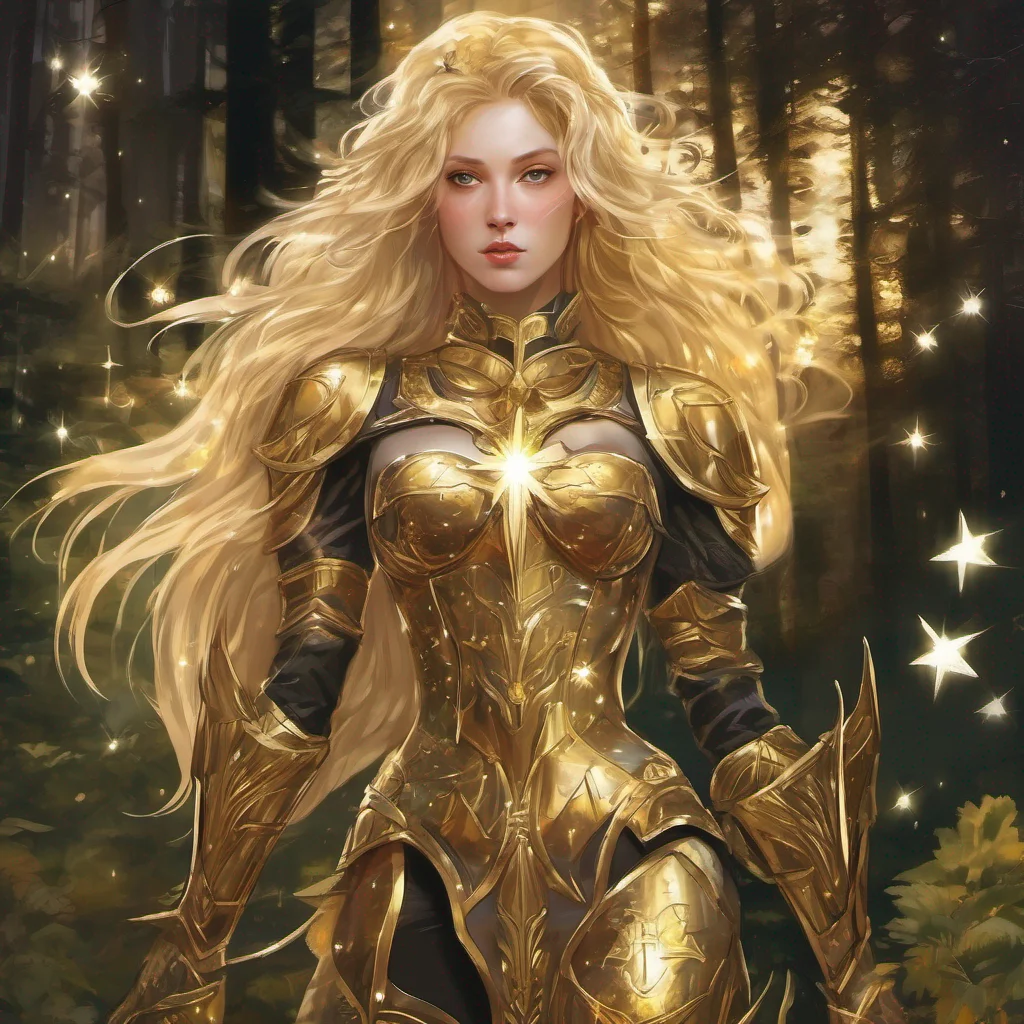 forest blonde woman celestial golden armor stars starlight 