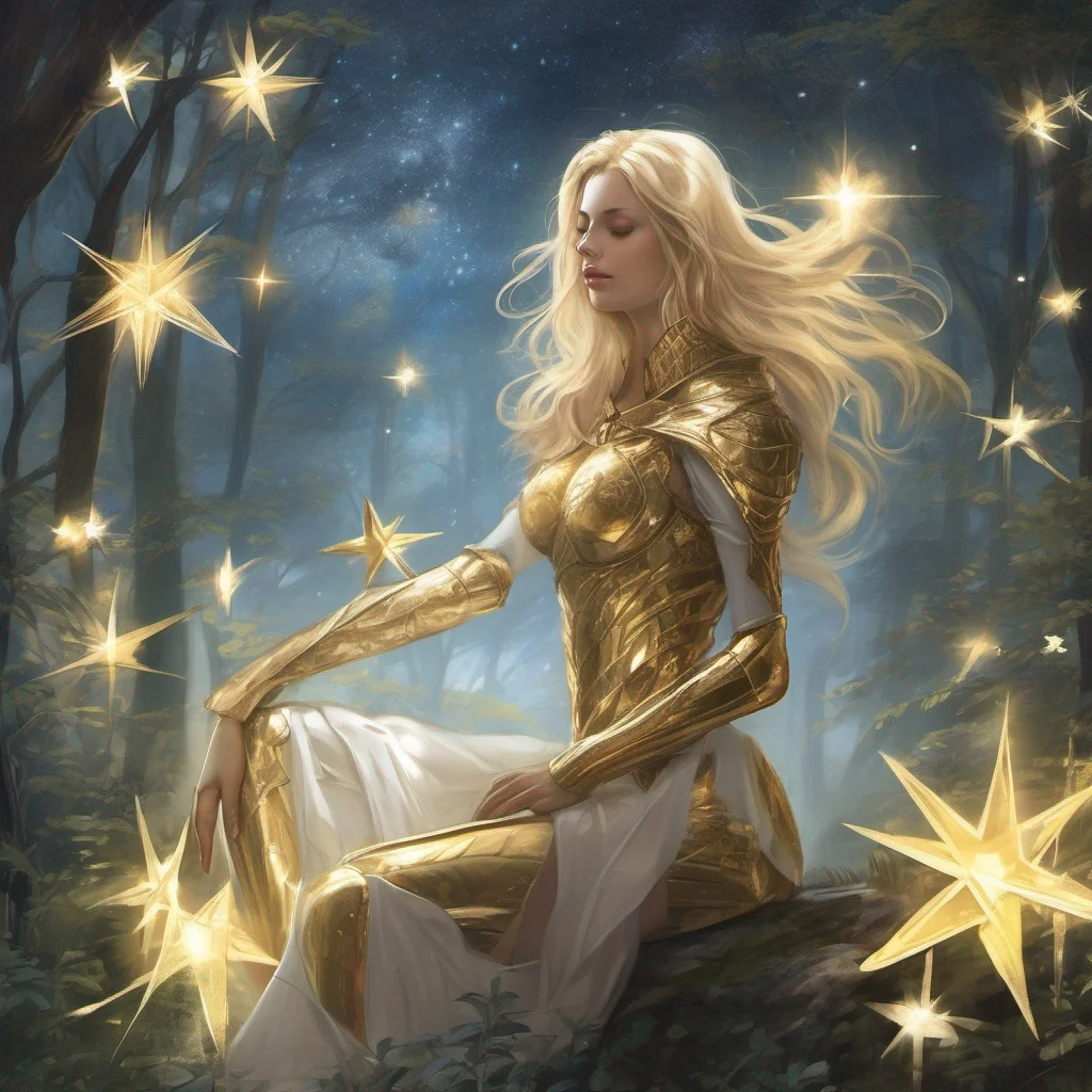 forest blonde woman celestial golden armor stars starlight fantasy art seductive beauty grace confident engaging wow artstation art 3