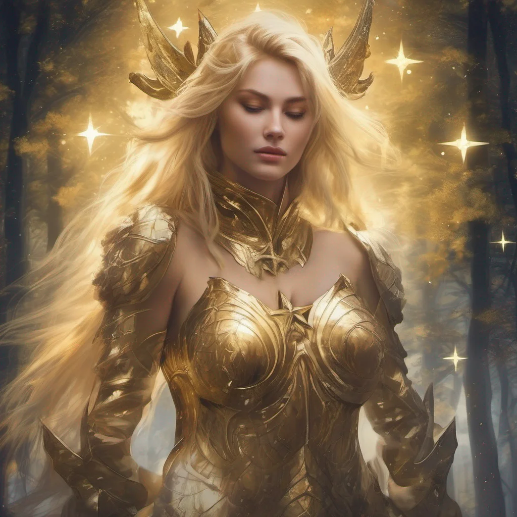 forest blonde woman celestial golden armor stars starlight fantasy art seductive beauty grace