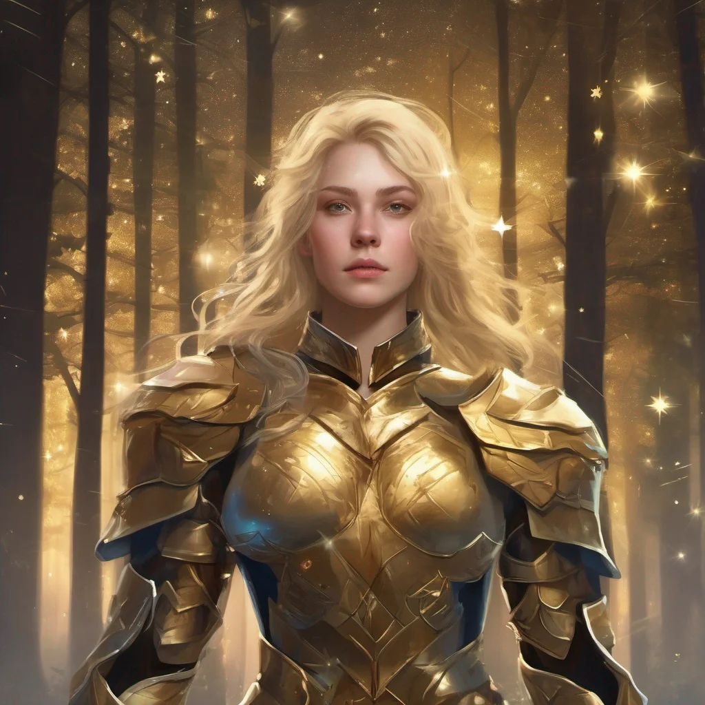 forest blonde woman celestial golden armor stars starlight realistic confident engaging wow artstation art 3
