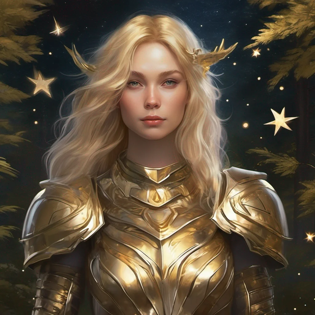 forest blonde woman celestial golden armor stars starlight realistic