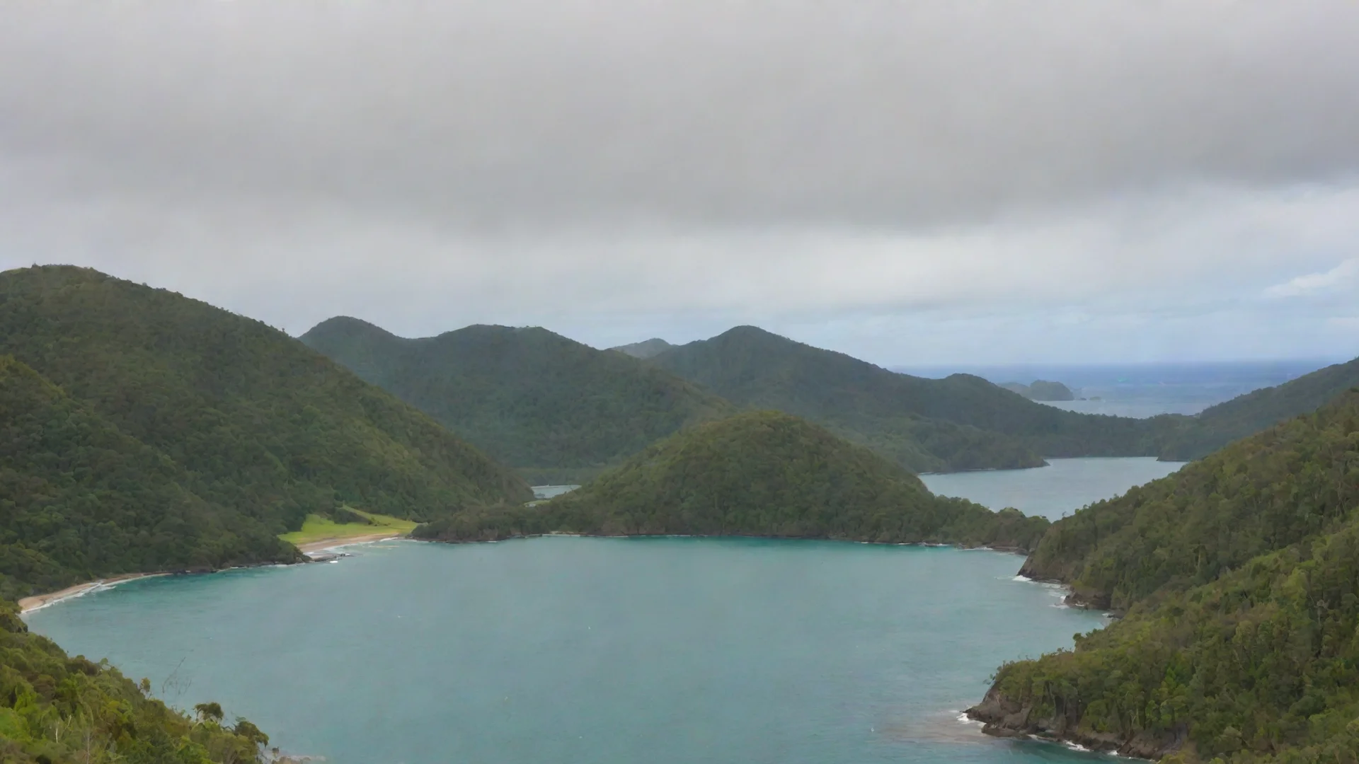 aiforests rolling hills on shore pitureque bay of islands wide