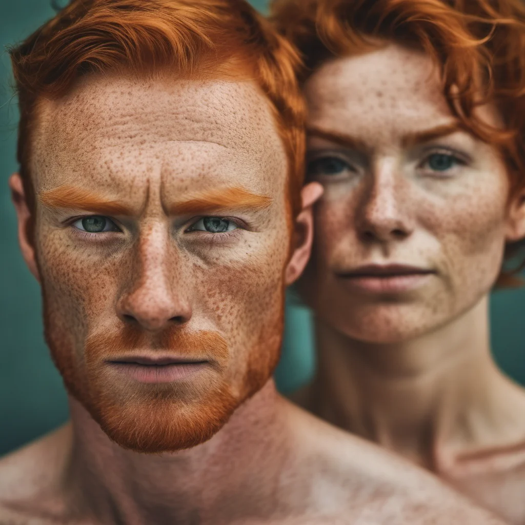 freckled ginger couple close up wrinkles raising eyebrows confident engaging wow artstation art 3