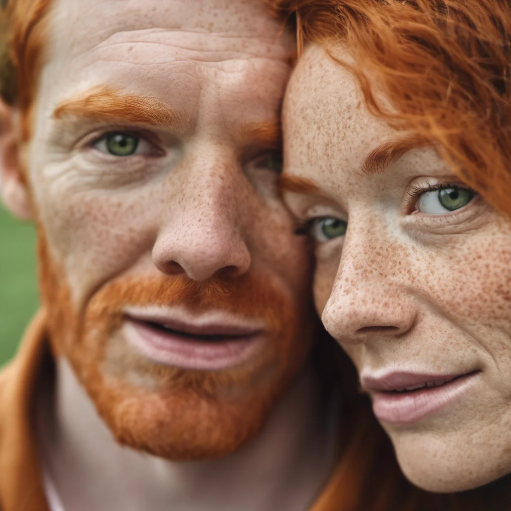 aifreckled ginger couple close up wrinkles raising eyebrows