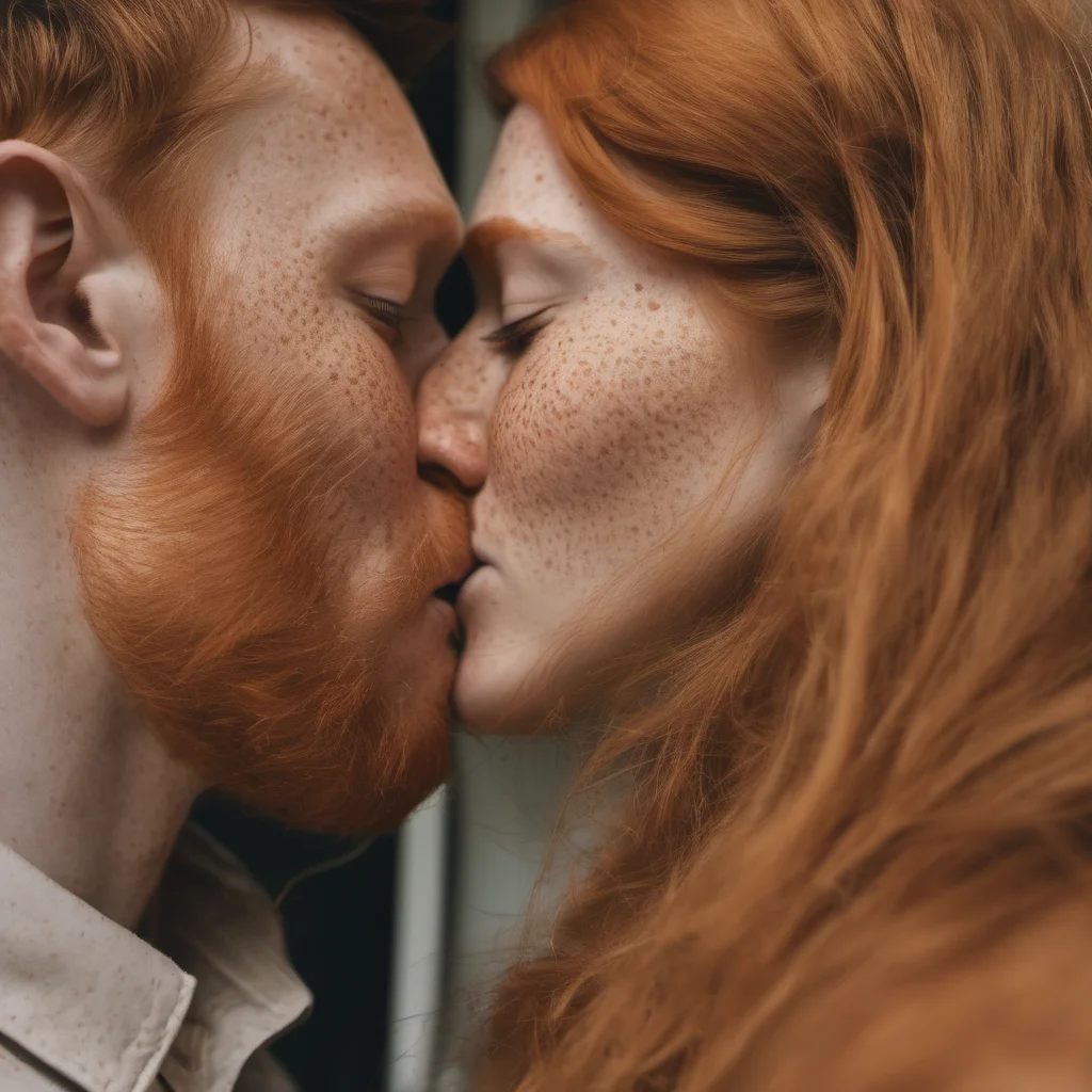 aifreckled ginger couple kissing close up