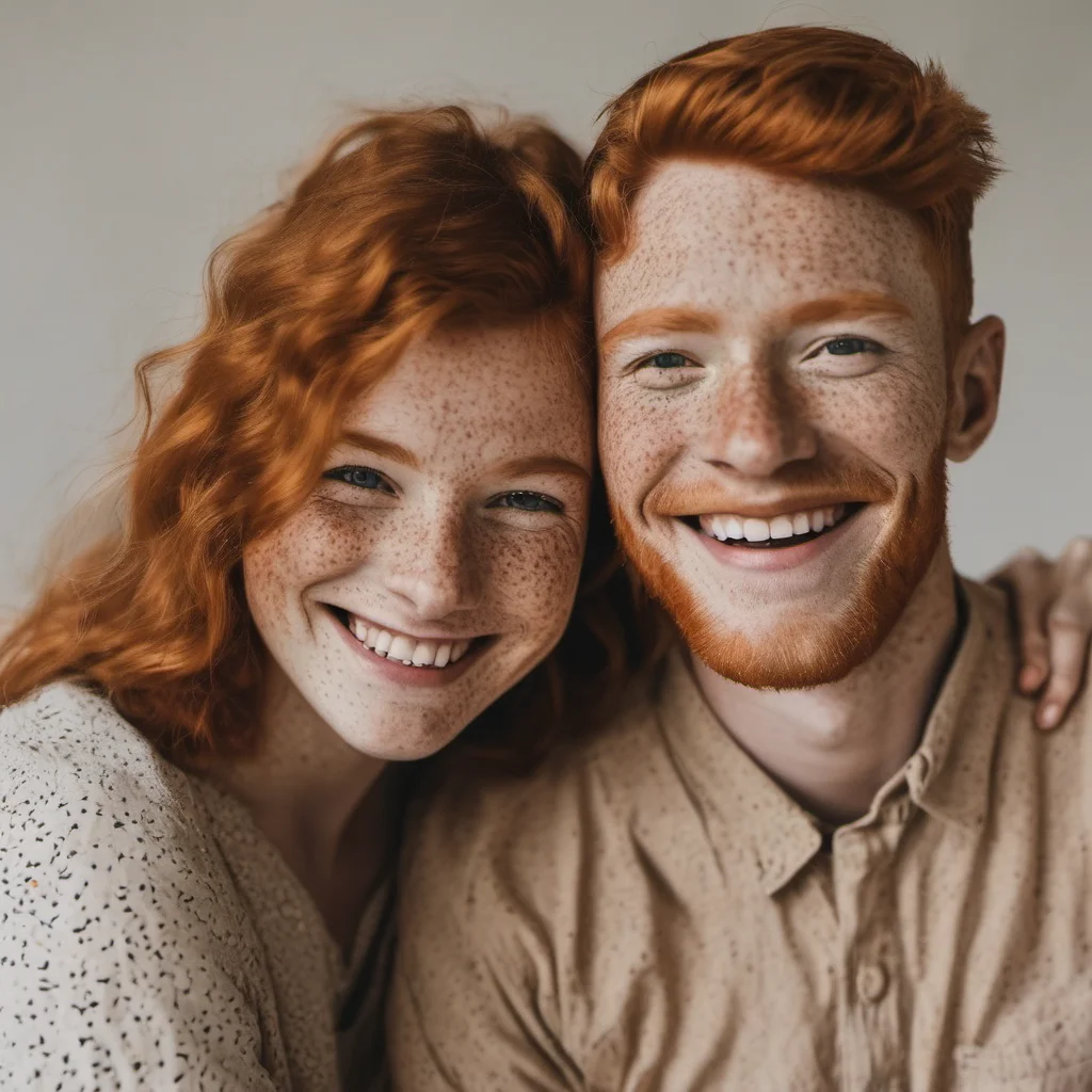 aifreckled ginger couple smiling