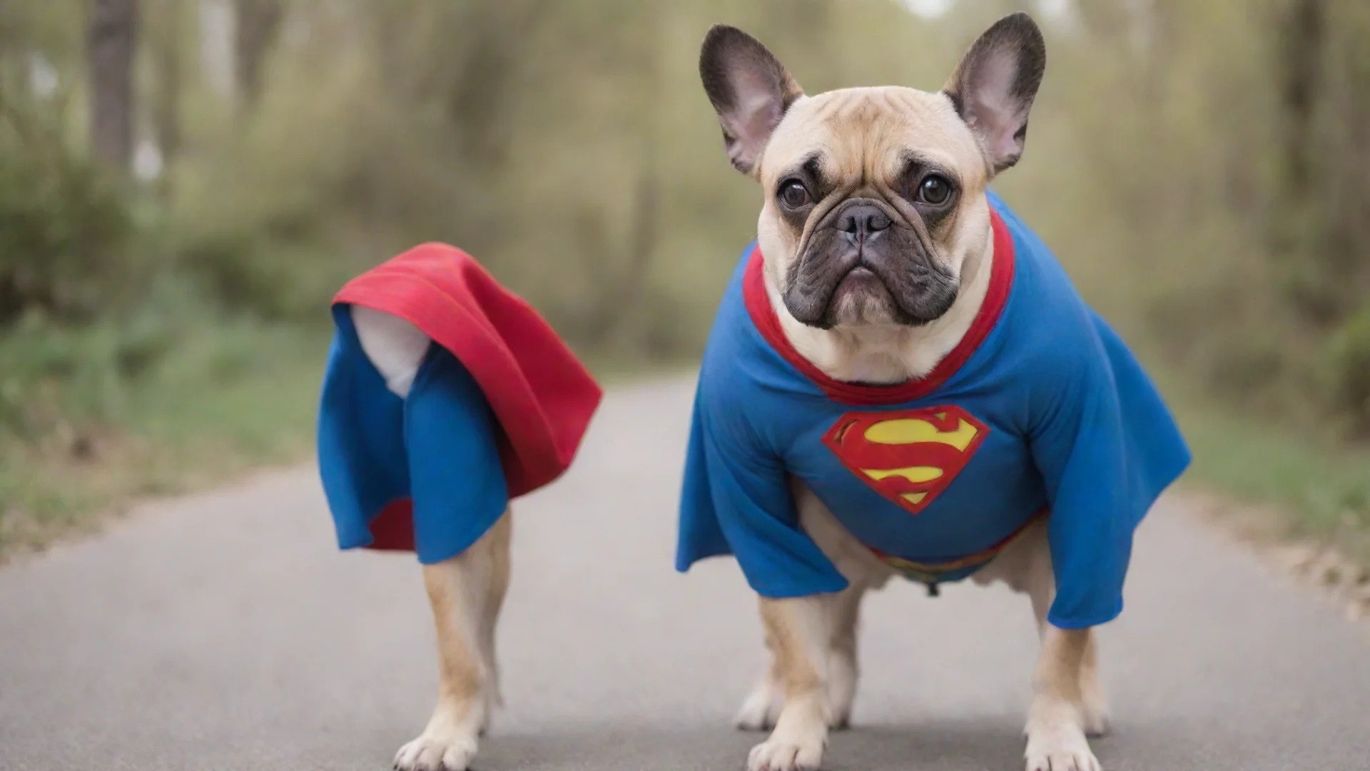 aifrench bulldog with a superman costume wide