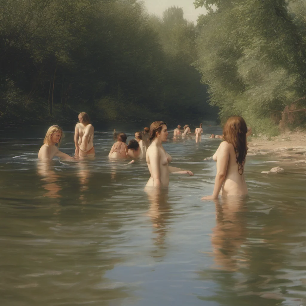french girls bathing in a river   in 2200