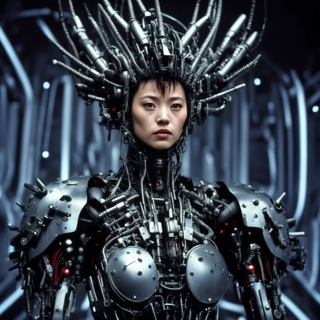from movie event horizon 1997 from movie tetsuo 1989 from movie virus 1999  show woman made of machine parts hyper revealing armor confident engaging wow artstation art 3