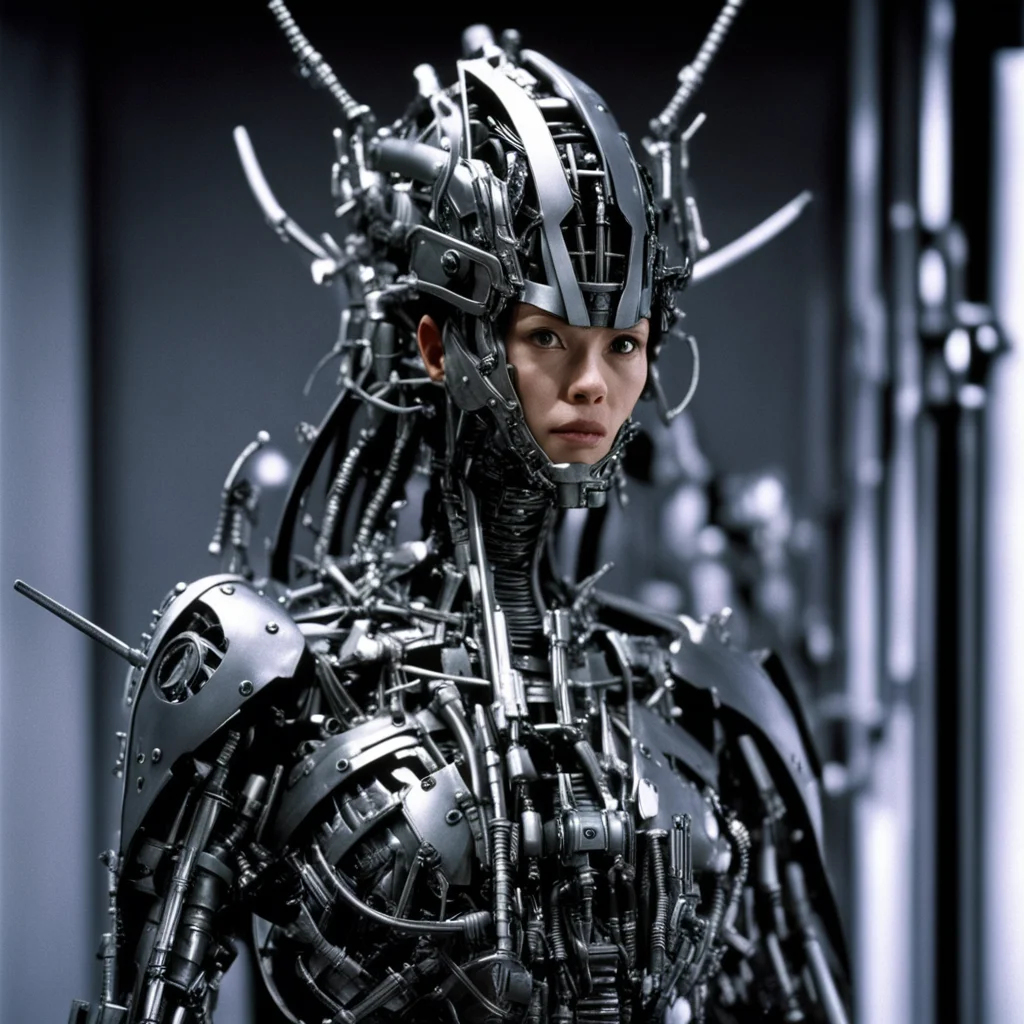 from movie event horizon 1997 from movie tetsuo 1989 from movie virus 1999  show woman made of machine parts hyper revealing armor good looking trending fantastic 1