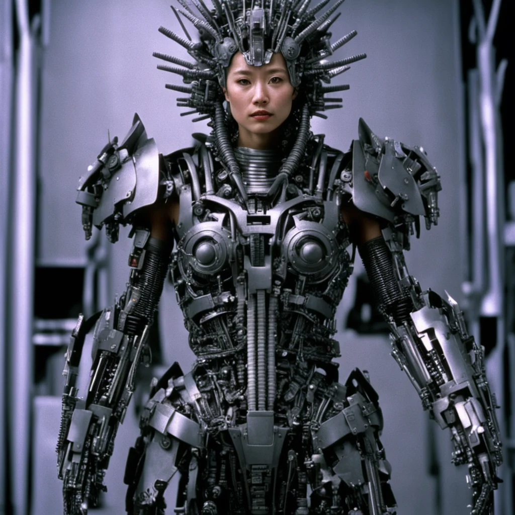 from movie event horizon 1997 from movie tetsuo 1989 from movie virus 1999  show woman made of machine parts hyper revealing armor