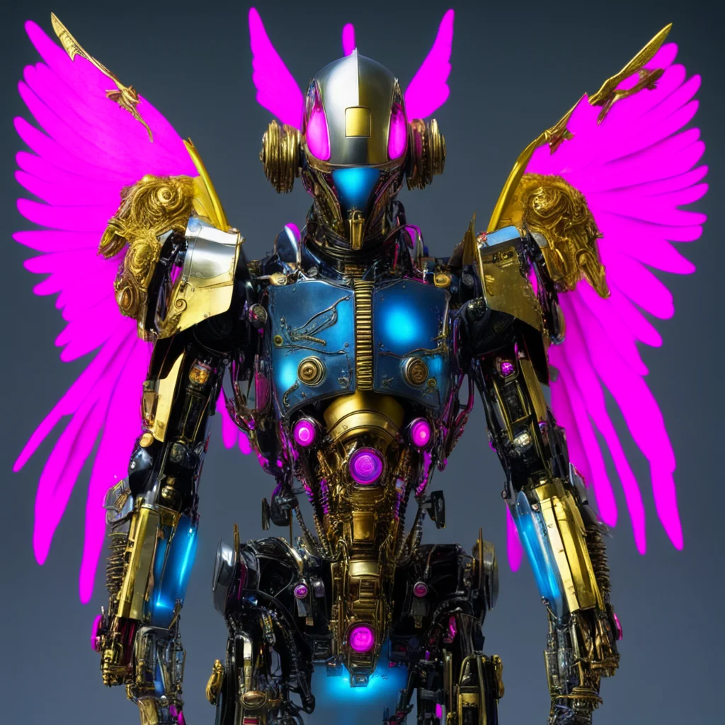 from movie event horizon 1997 from movie tetsuo 1989 from movie virus 1999 blue chromed silver and gold steampunk robot knight with intense glowing neon pink visor winged confident engaging wow arts