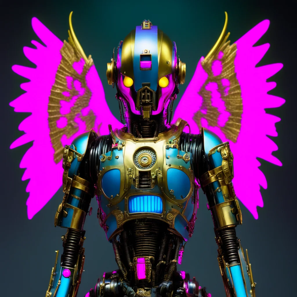 from movie event horizon 1997 from movie tetsuo 1989 from movie virus 1999 blue chromed silver and gold steampunk robot knight with intense glowing neon pink visor winged good looking trending fanta