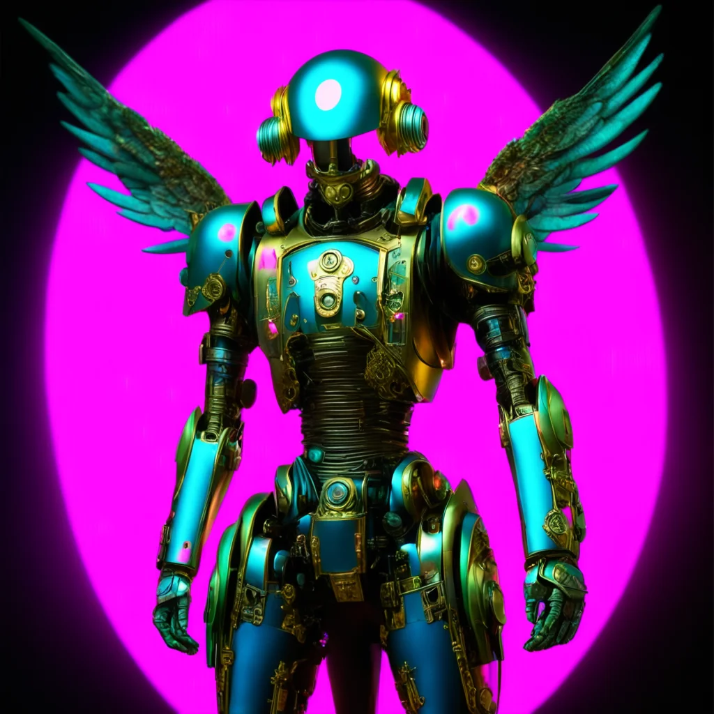 from movie event horizon 1997 from movie tetsuo 1989 from movie virus 1999 blue chromed silver and gold steampunk robot knight with intense glowing neon pink visor winged