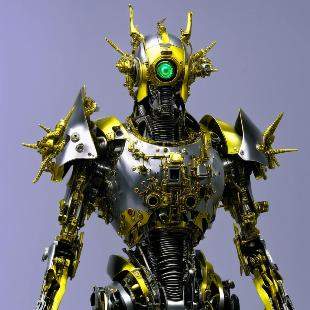 from movie event horizon 1997 from movie tetsuo 1989 from movie virus 1999 chromed silver and gold steampunk robot knight with glowing yellow green eyes winged good looking trending fantastic 1
