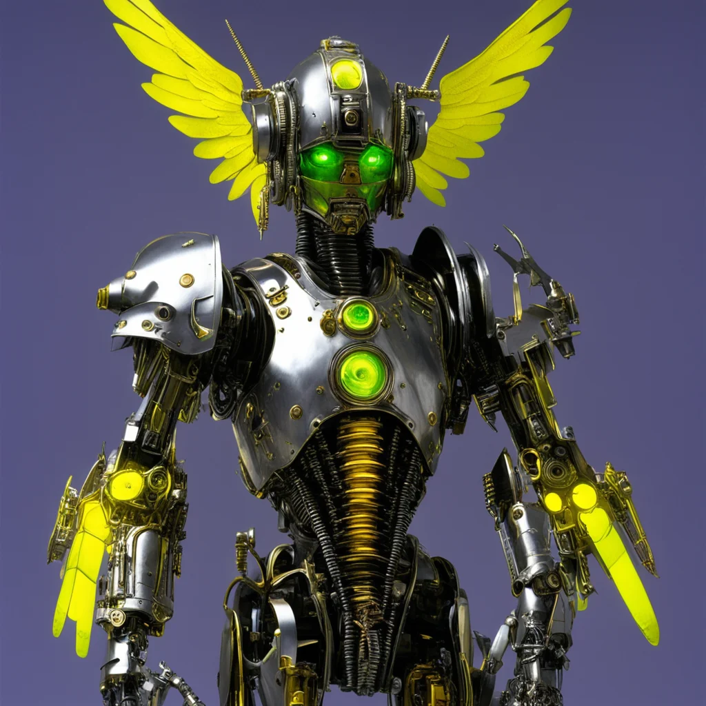 from movie event horizon 1997 from movie tetsuo 1989 from movie virus 1999 chromed silver and gold steampunk robot knight with glowing yellow green eyes winged