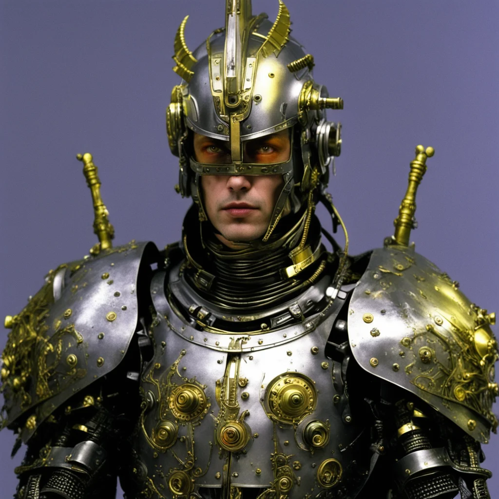 from movie event horizon 1997 from movie tetsuo 1989 from movie virus 1999 steampunk chrome silver and gold medieval knight with yellow green eyes good looking trending fantastic 1