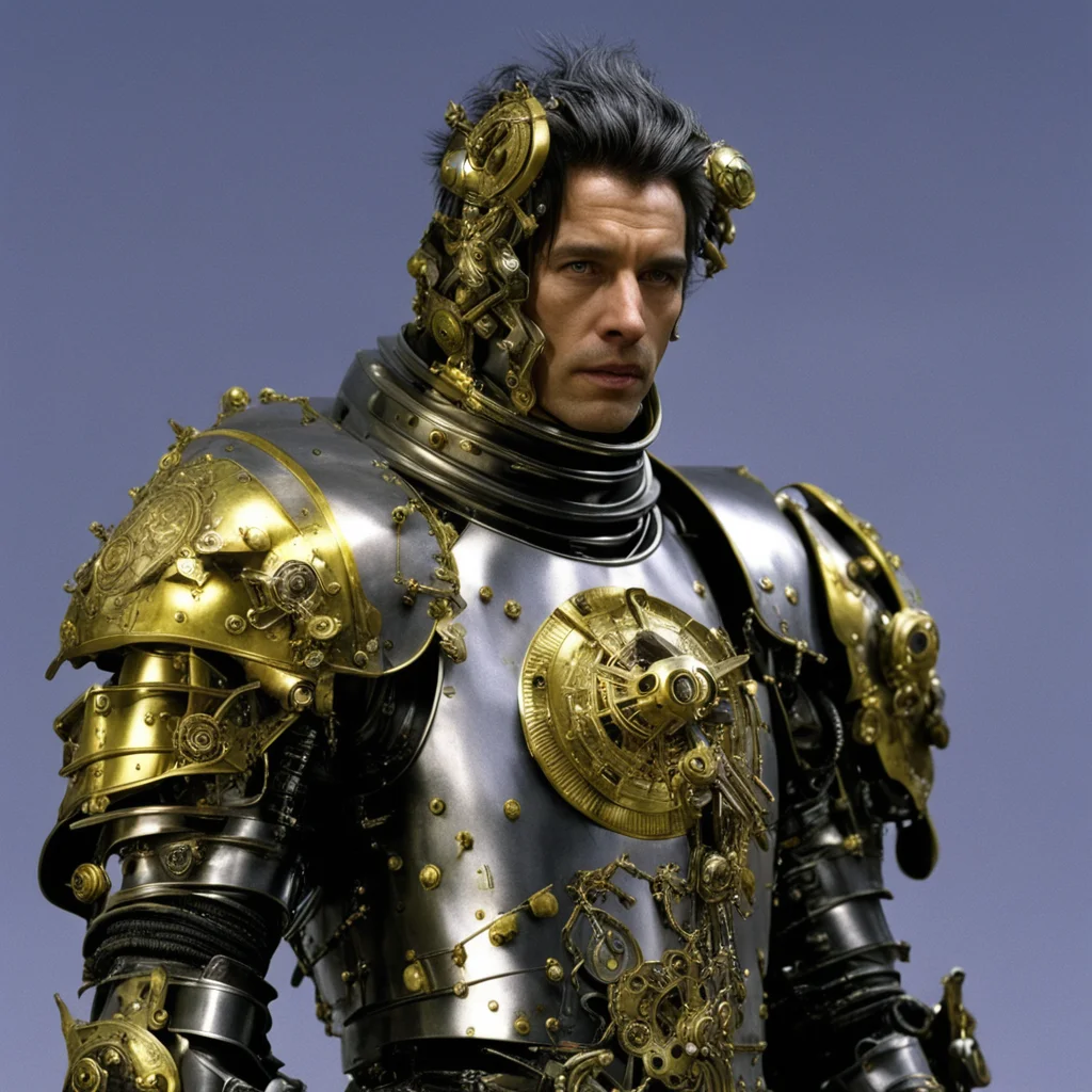 from movie event horizon 1997 from movie tetsuo 1989 from movie virus 1999 steampunk chrome silver and gold medieval knight with yellow green eyes
