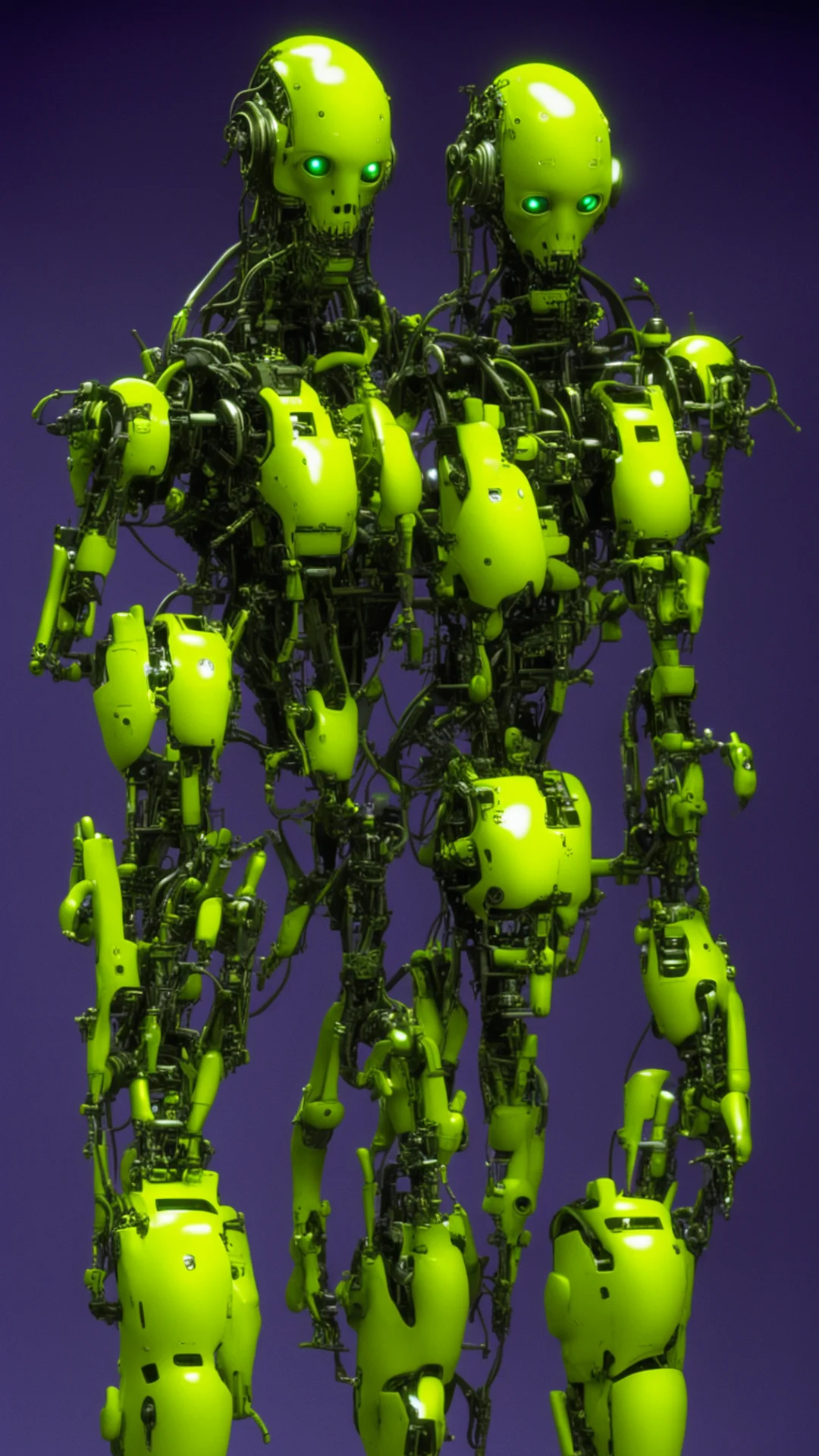 from movie event horizon 1997 from movie virus 1999 show glowing yellow green eyed multiple handed humanoid monster robots made of machine parts and flesh render tall