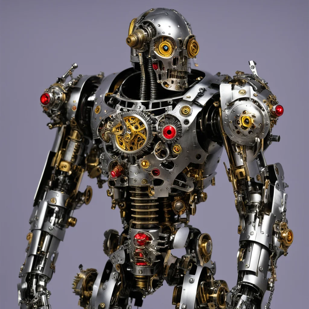 from terminator shiny chrome silver and gold steampunk biomechanical knight made with clock parts and moving gears with glowing red eyes abomination amazing awesome portrait 2