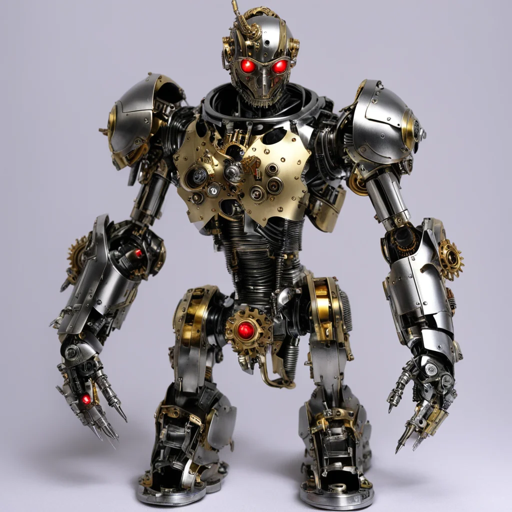 from terminator shiny chrome silver and gold steampunk biomechanical knight made with clock parts and moving gears with glowing red eyes abomination good looking trending fantastic 1