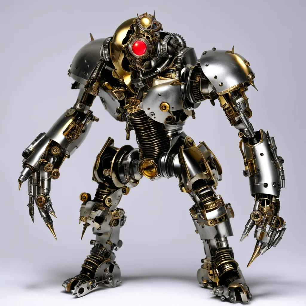 from terminator shiny chrome silver and gold steampunk biomechanical knight made with clock parts and moving gears with glowing red eyes abomination