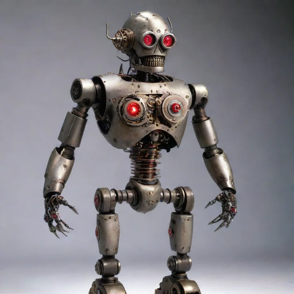 aifrom virus 1999 movie%2C humanoid cyclops robot made of antique intrincated mechanical wrist watch movement mechanism parts with mechanical arms%2C mechanical legs%2C red glowing eye