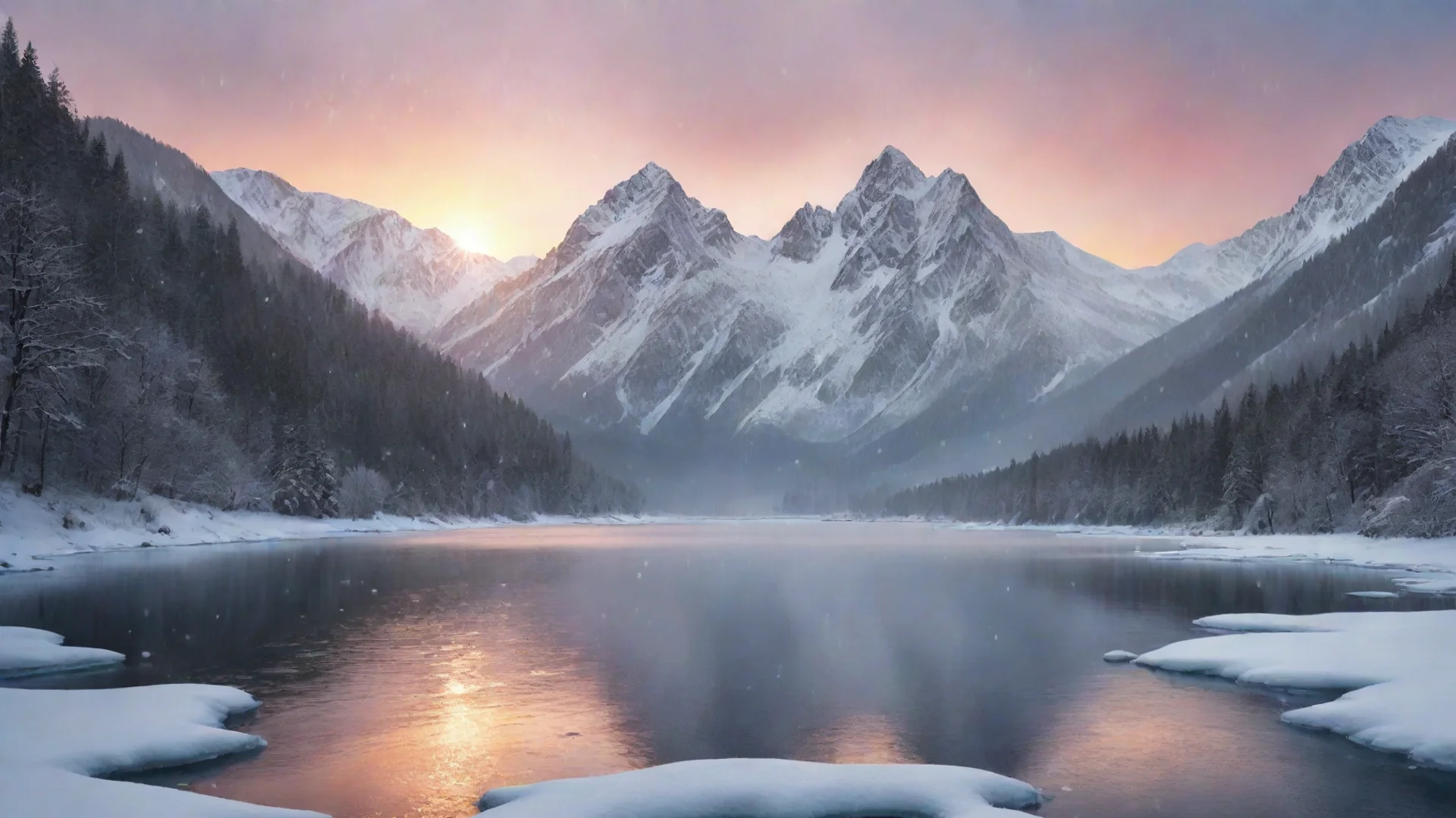 aifrozen lake with snow falling down in a mountainous background and during a sunset in a graphical design wide