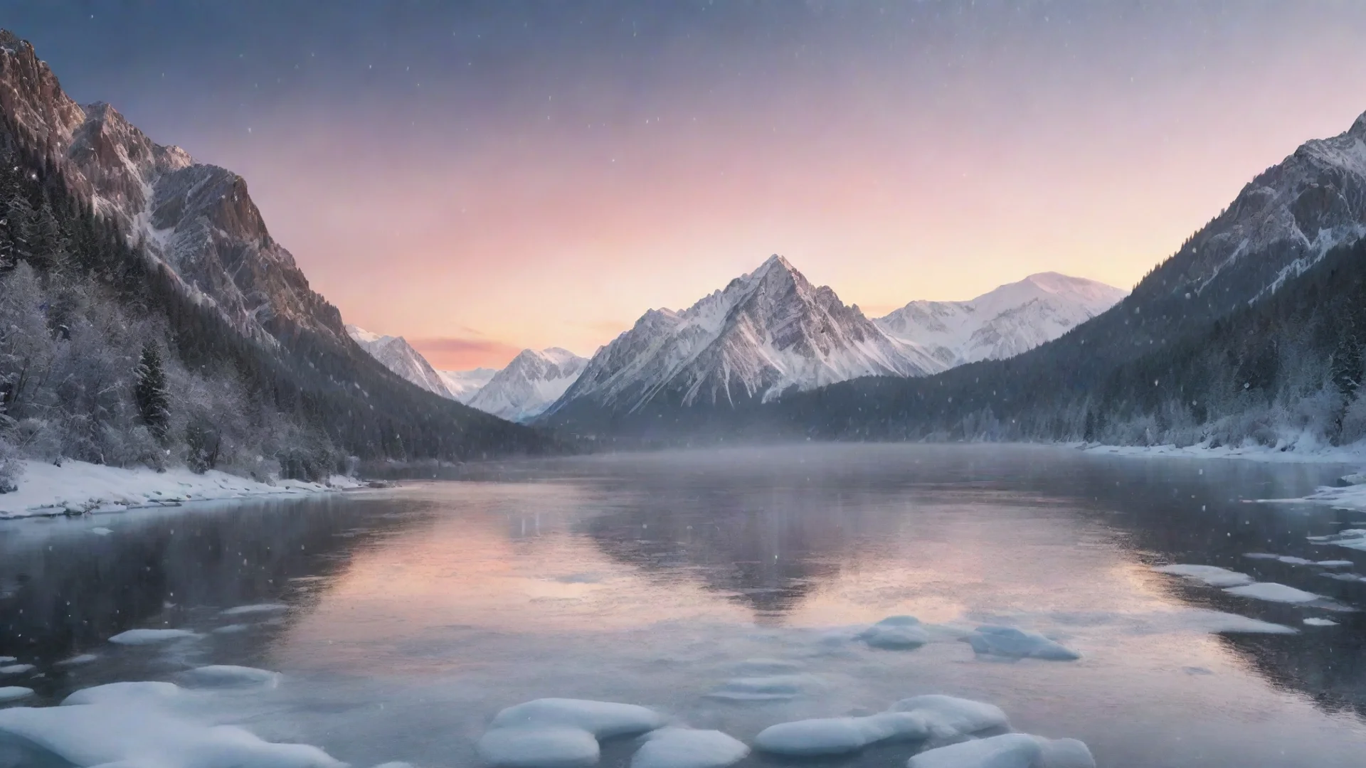 frozen lake with snow falling down in a mountainous background and during a sunset in graphic design wide