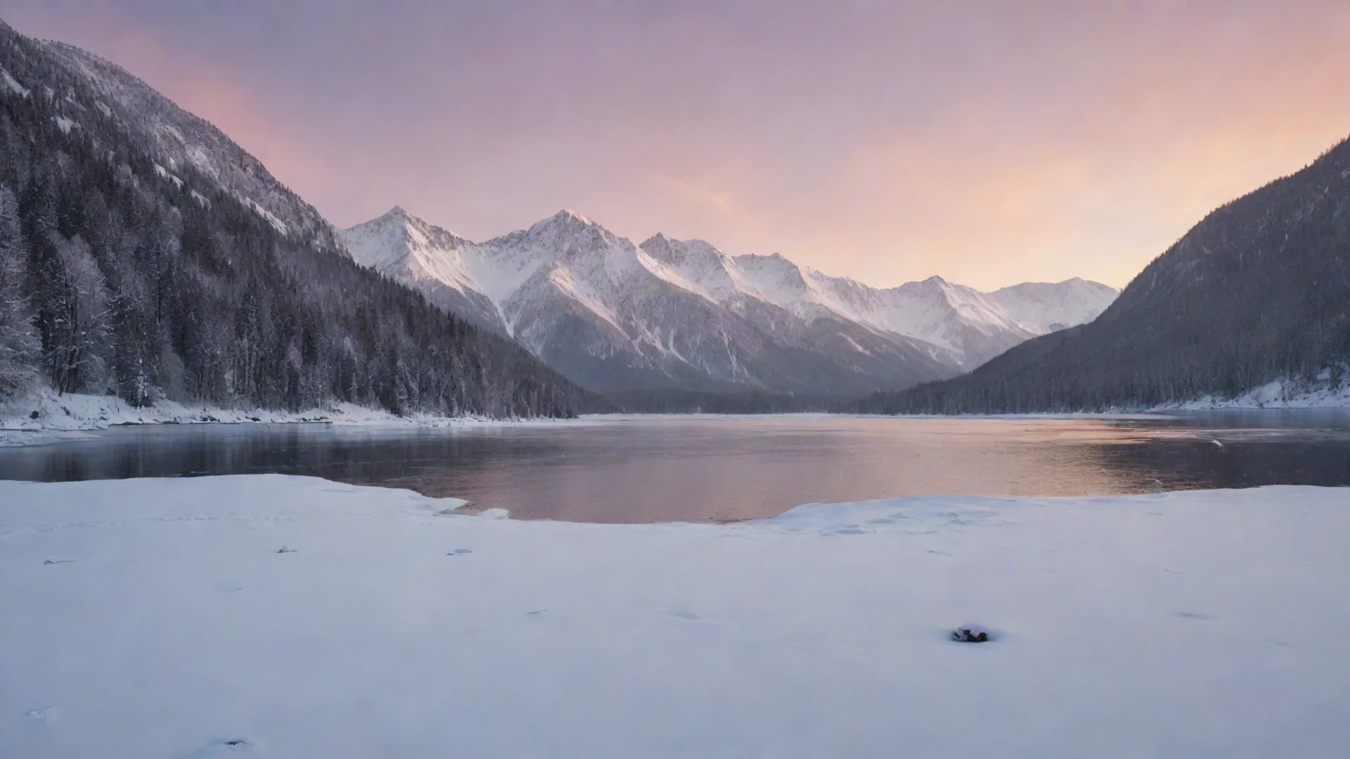 frozen lake with snow falling down in a mountainous background and during a sunset wide