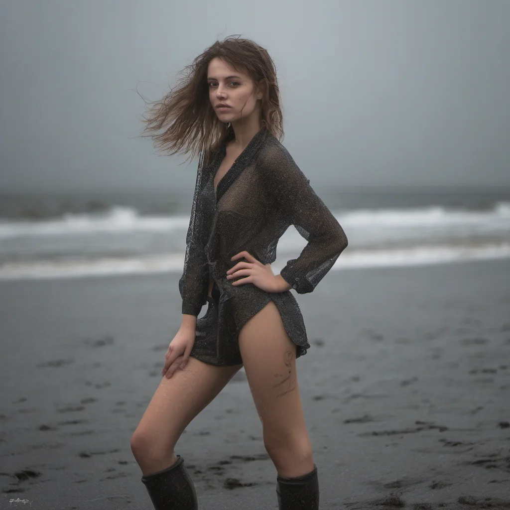full body art photo of  a sexy 22 years old belgian girl at a rainy beach.  amazing awesome portrait 2