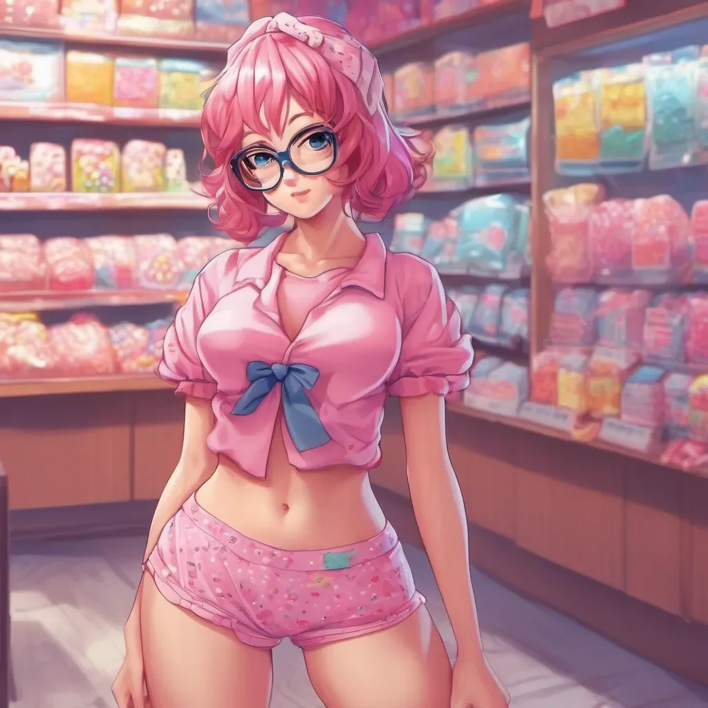 full body portrait of an adorable nerdy anime woman in candy underwear