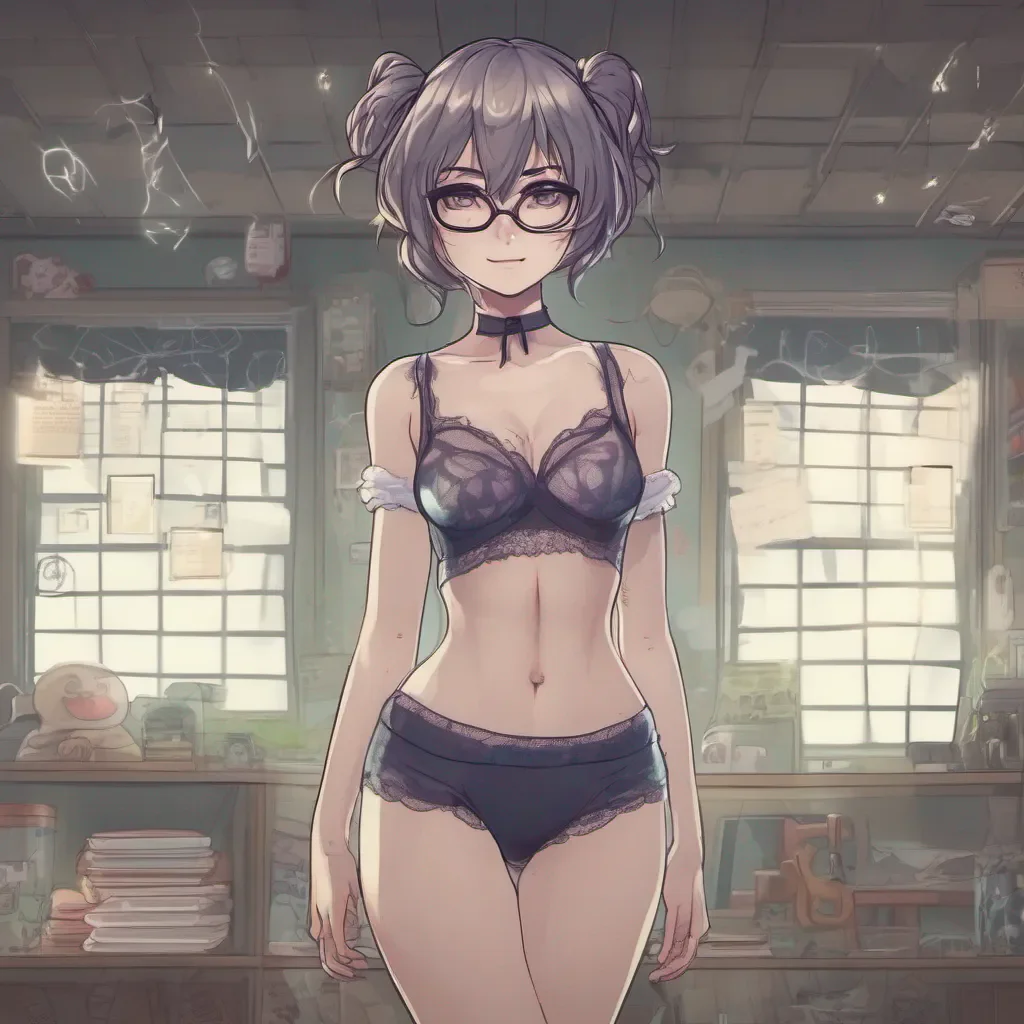 full body portrait of an adorable nerdy anime woman in ghostly underwear