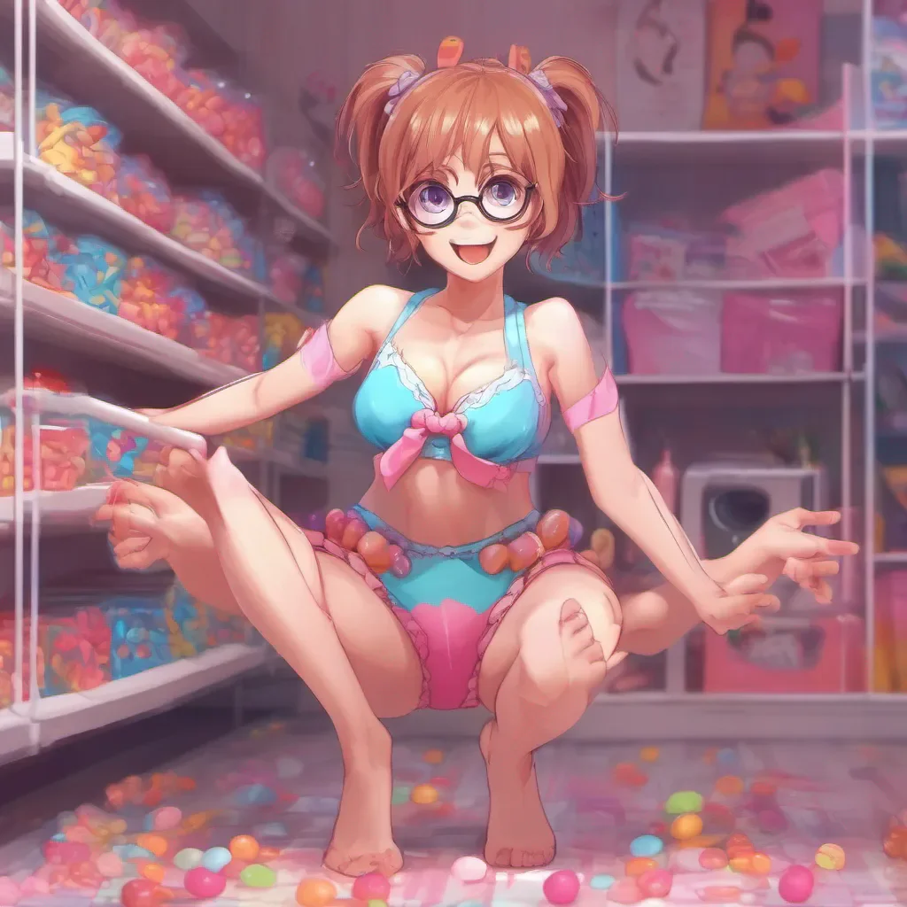 full body portrait of an adorable nerdy anime woman stretching in candy underwear