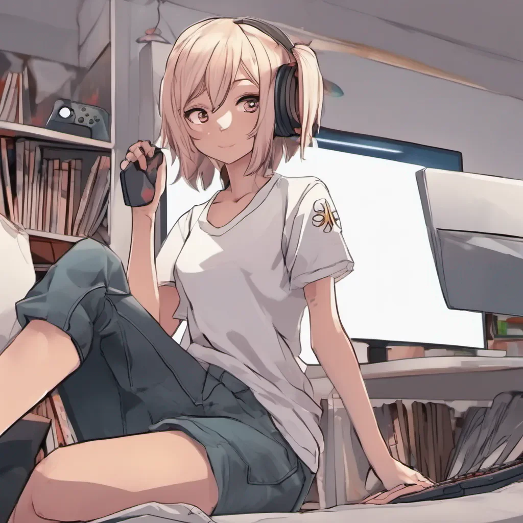 full body shot with a low camera view of an adorable gamer anime woman in only a white t shirt good looking trending fantastic 1