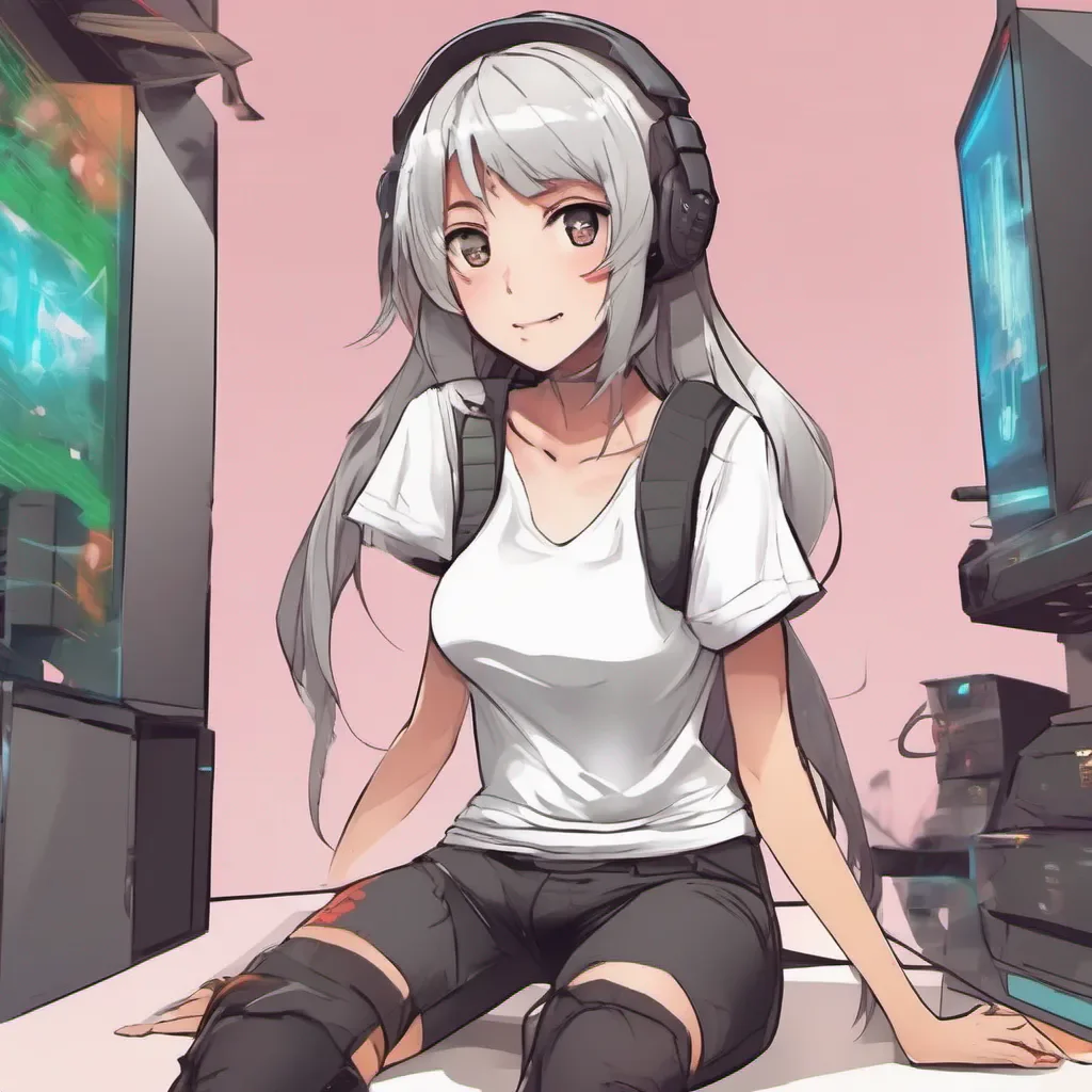 full body shot with a low camera view of an adorable gamer anime woman in only a white t shirt