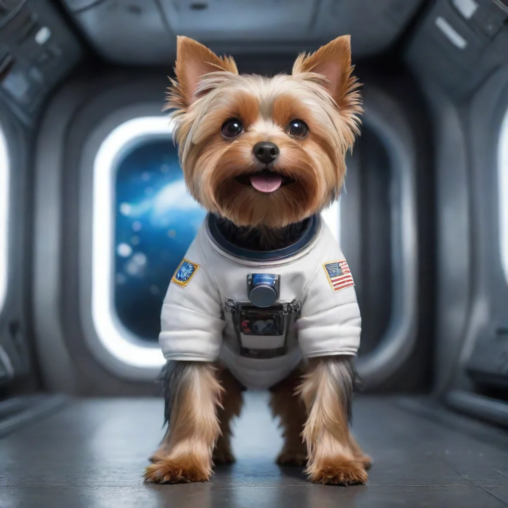 full body standing on two foot yorkshire terrier astronaut 3d render unreal engine hyper realistic trending artstation inside a spaceship