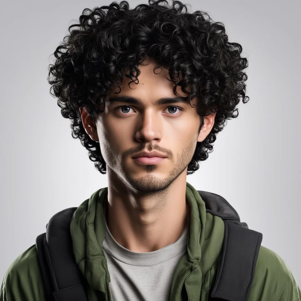 full view of a curly black hair young adult male explorer with dark eyes good looking trending fantastic 1