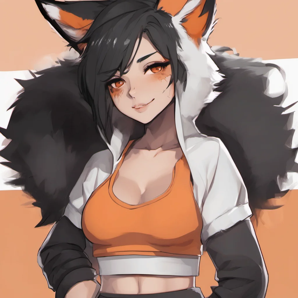 furry fox girl in a white sports bra and black sweat pants%2C orange and white fur%2C black hair%2C average boobs