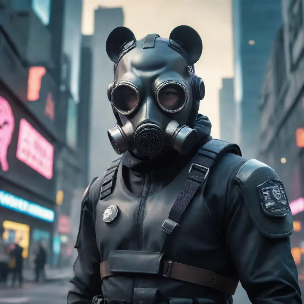 future cyber punk police man wearing gas mask in a large city with cartoon style