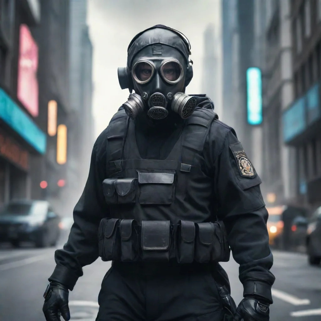 aifuture cyber punk police man wearing gas mask in a large city