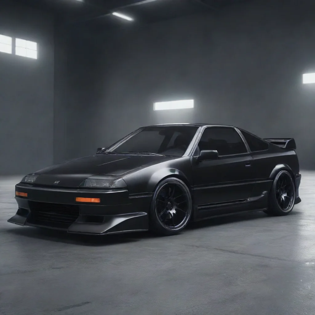 aifuturistic black car based on crx%2C sleek%2C exposed engine%2C no hood. interior also based on crx. custom wheels and brakes.
